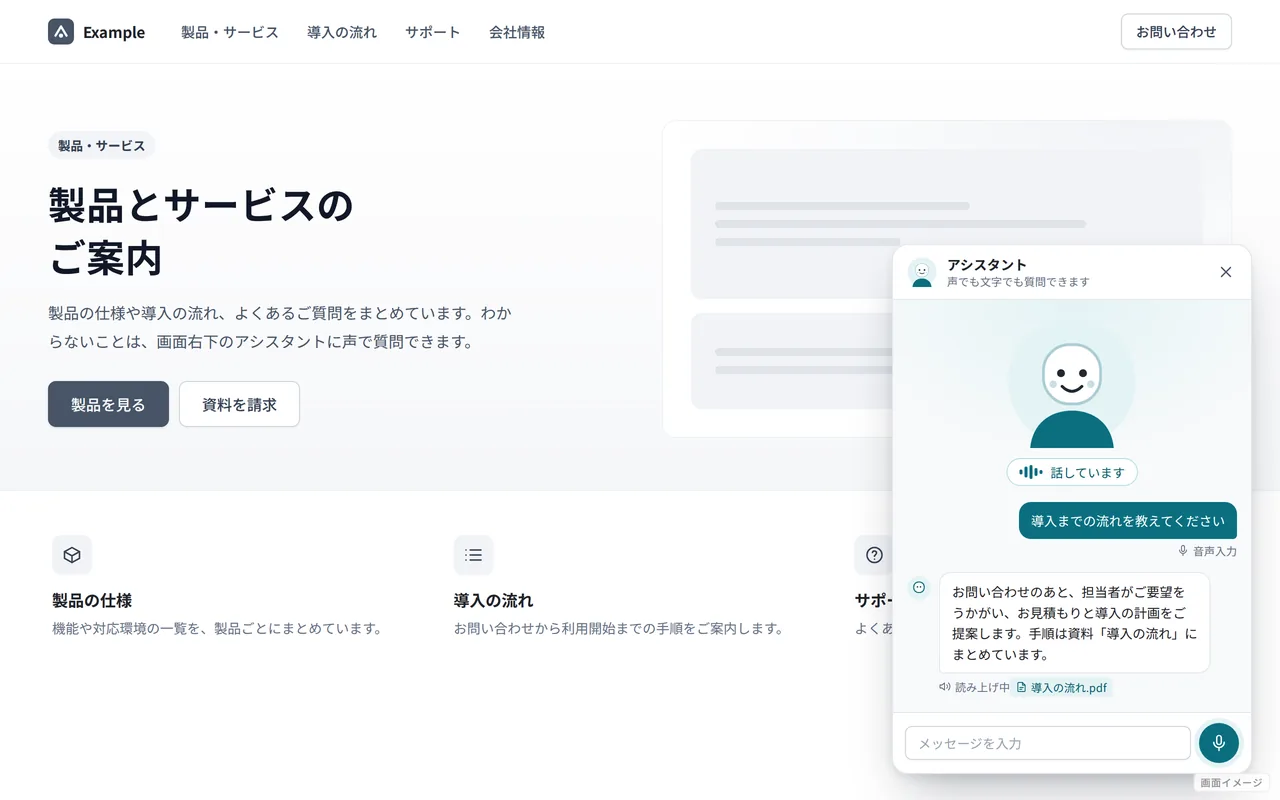 画面イメージ（実際の画面ではありません）: 埋め込みウィジェット（既存サイトの上で音声対話）