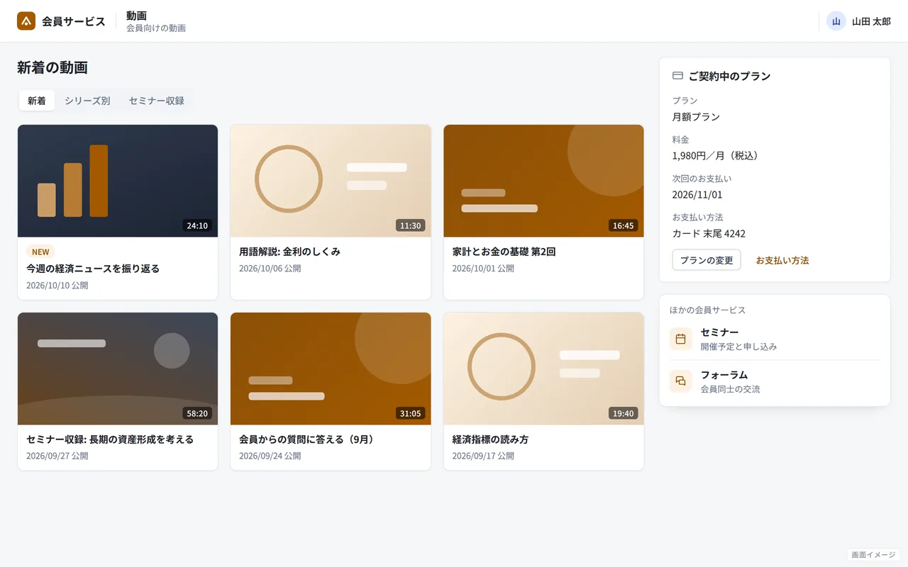 画面イメージ（実際の画面ではありません）: 会員制の動画配信（動画の一覧とご契約）