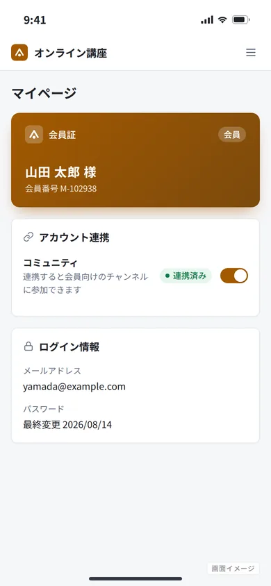 画面イメージ（実際の画面ではありません）: マイページ（会員情報とコミュニティ連携）