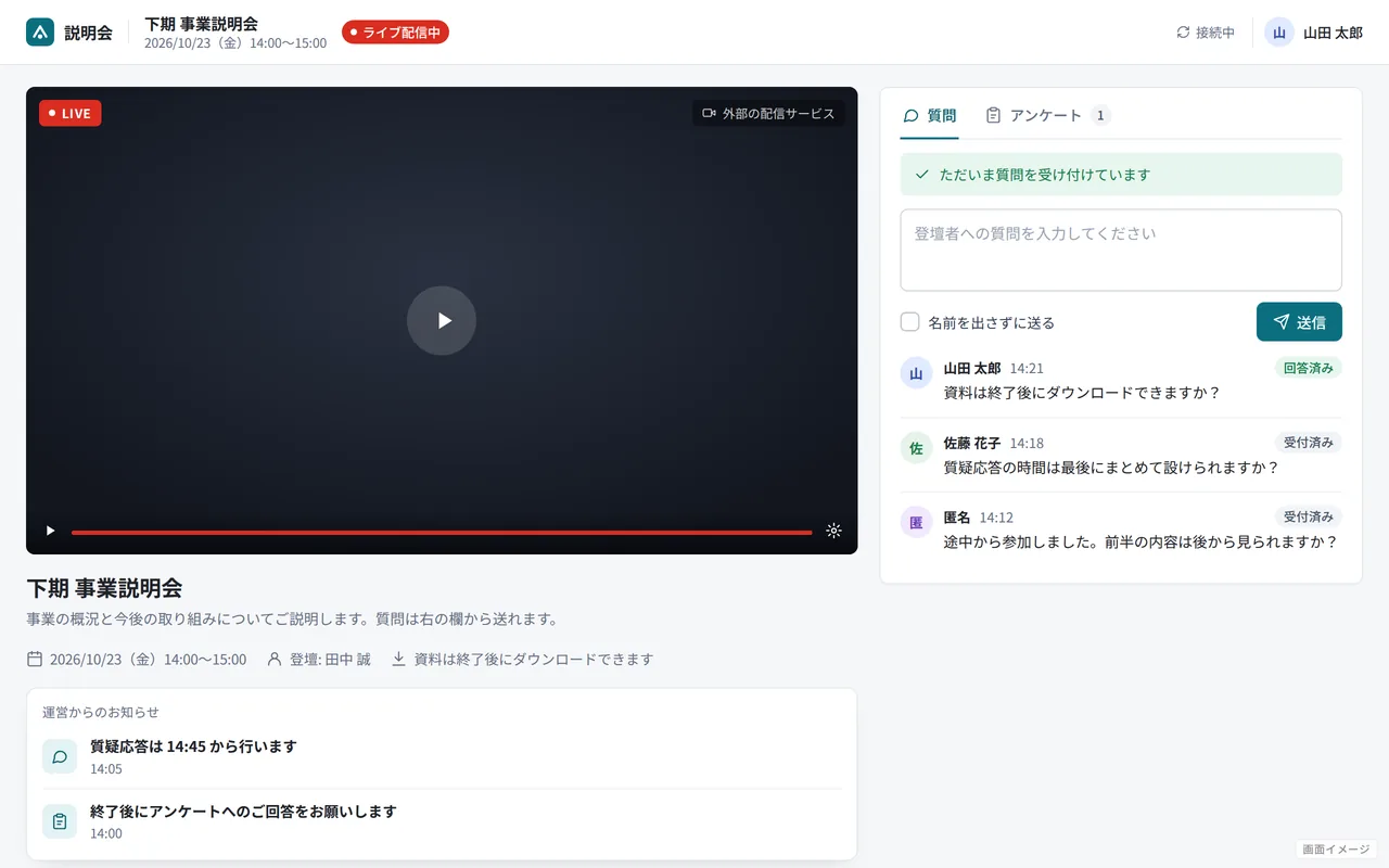 画面イメージ（実際の画面ではありません）: 視聴者画面（視聴と質問）