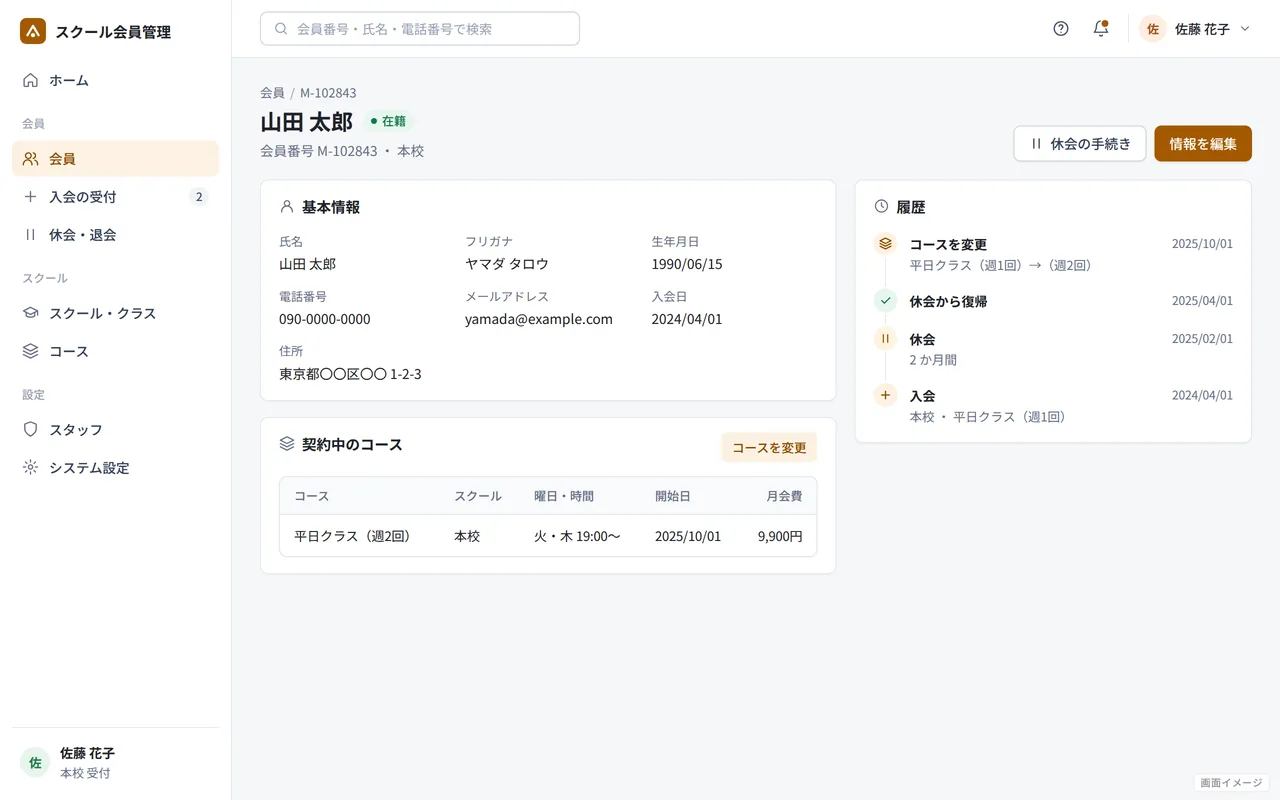 画面イメージ（実際の画面ではありません）: 会員の詳細（契約中のコースと履歴）